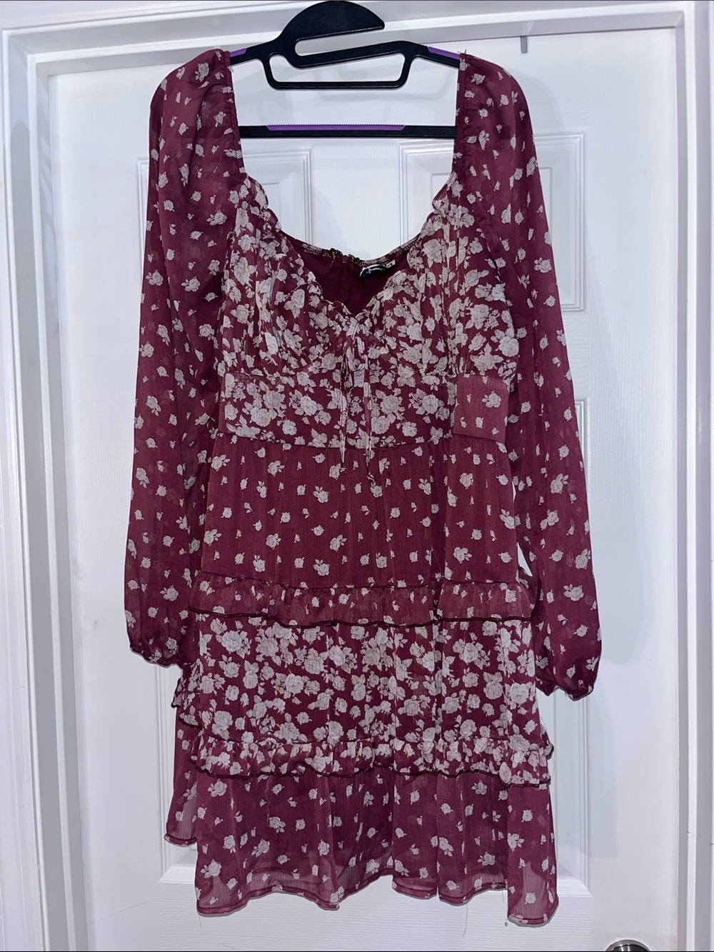 ARULA Burgundy Floral Long-Sleeve Tiered Dress